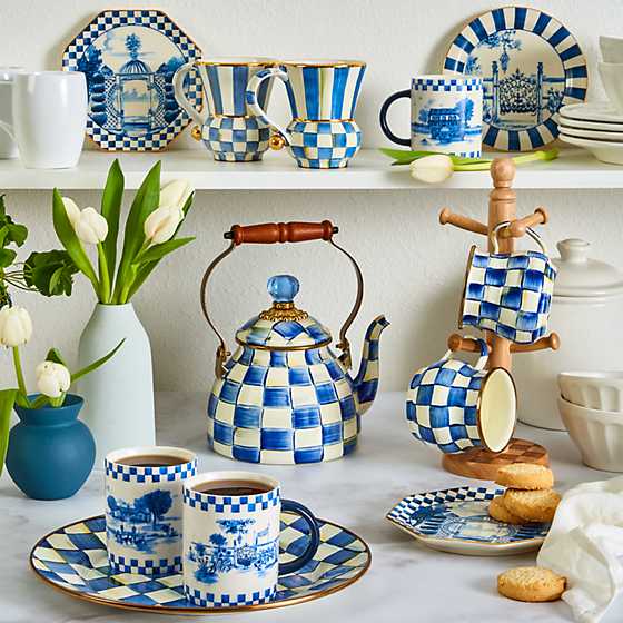 check enamel tea kettle royal blue